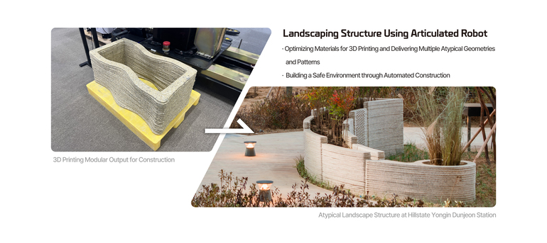 Landscaping Structure Using Articulated Robot 3D Printing Modular Output for Construction Optimizing Materials for 3D Printing and Delivering Multiple Atypical Geometries and Patterns Building a Safe Environment through Automated Construction Atypical Landscape Structure at Hillstate Yongin Dunjeon Station